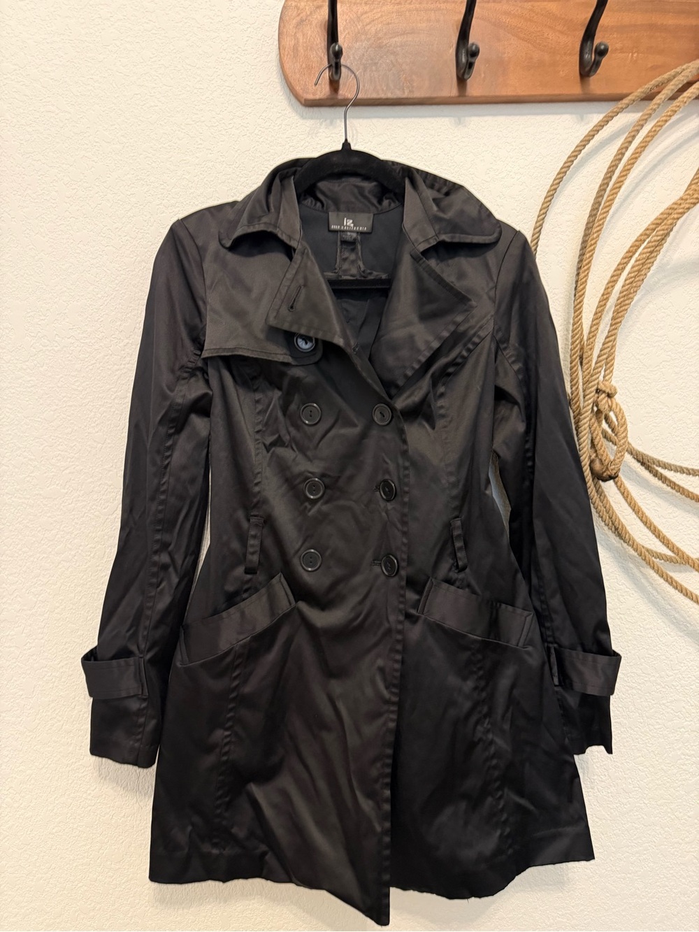 vintage 2000s iz byer black satin double breasted trench coat ✨ size S
